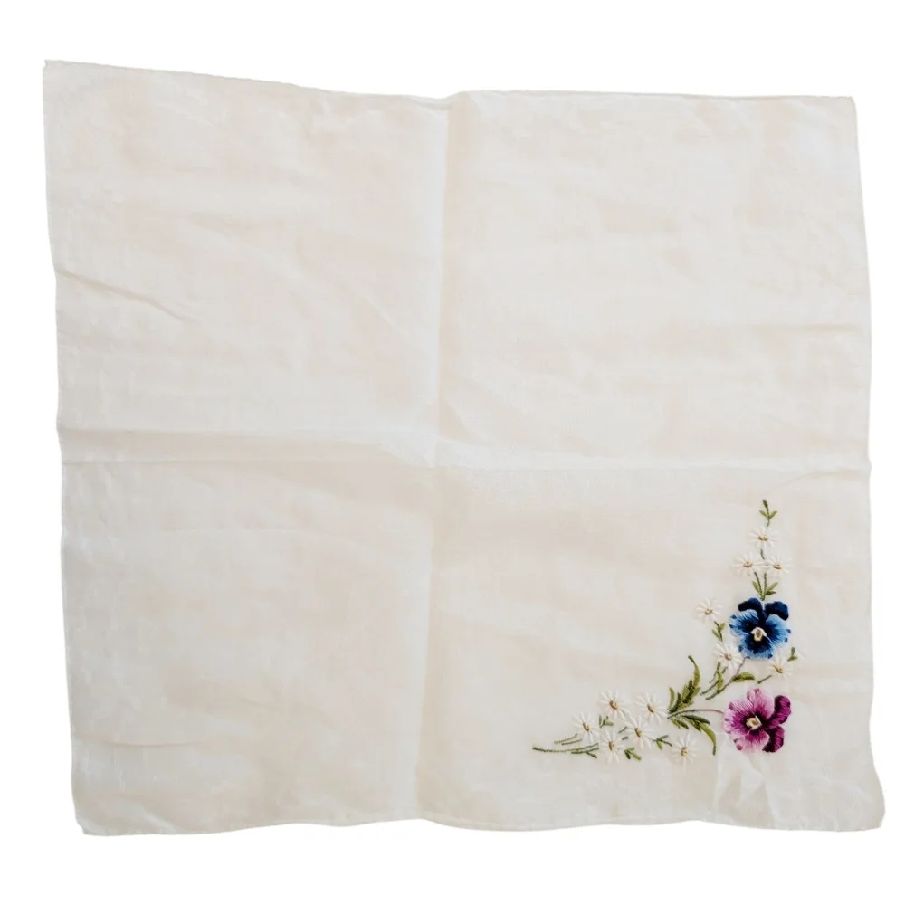 VINTAGE Hankerchief Embroidered Flowers Colorful 12x12 Cotton Pansies Violet